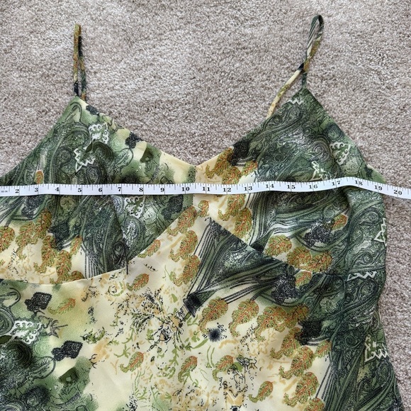 Y2K Abstract Print Asymmetrical Fairy Dress Ruffled Whimsical Green Yellow - Picture 8 of 8